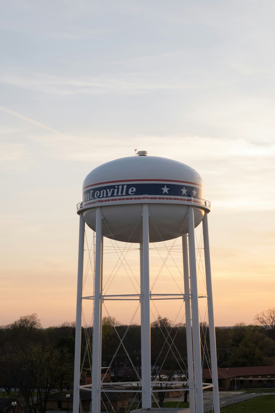 The Bentonville, Arkansas water tower at sunset