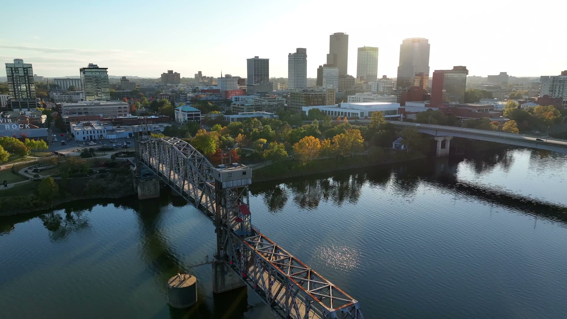 Aerial view of the Little Rock skyline and the Junction Bridge over the Arkansas River